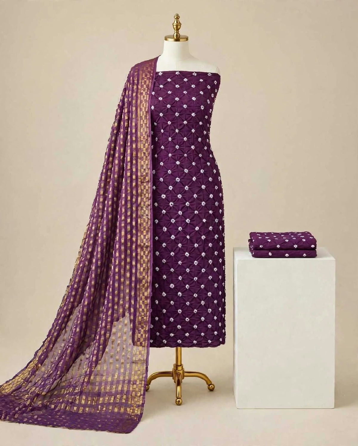 Traditional Purple Bandhani Cotton Unstitched Suit Material with Zari Print Dupatta