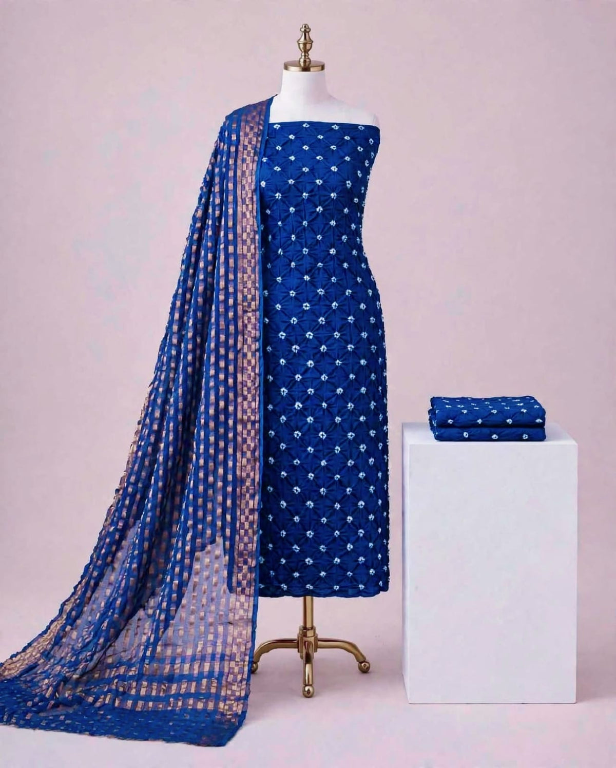Beautiful Royal Blue Bandhani Cotton Unstitched Suit Material with Zari Print Dupatta