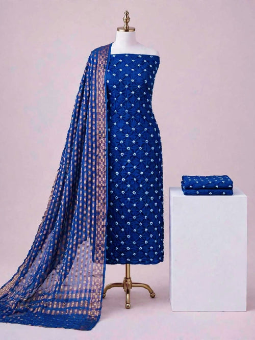 Beautiful Royal Blue Bandhani Cotton Unstitched Suit Material with Zari Print Dupatta