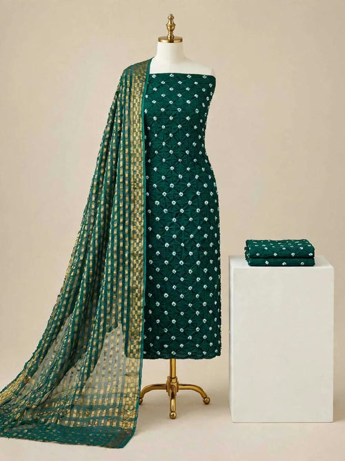 Beautiful Bottle Green Bandhani Cotton Unstitched Suit Material with Zari Print Dupatta