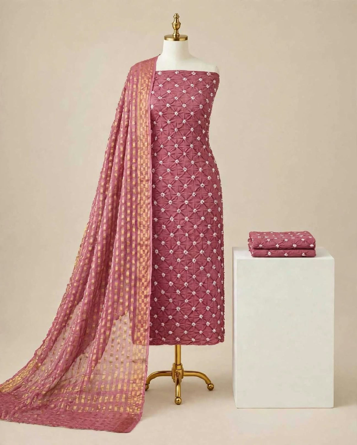 Elegant Mauve Pink Bandhani Cotton Unstitched Suit Material with Zari Print Dupatta