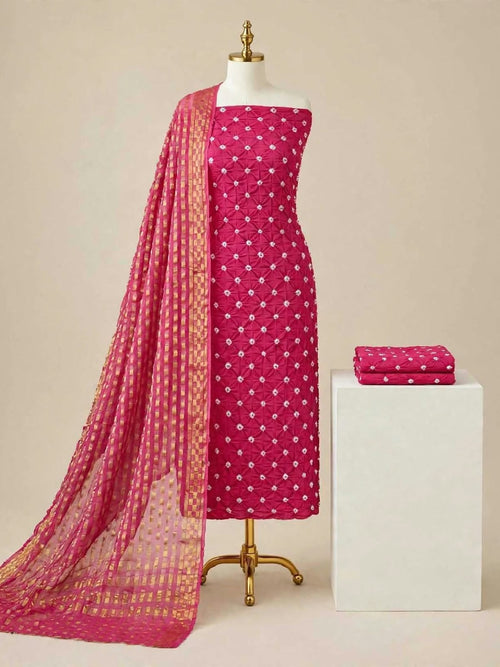 Beautiful Vibrant Magenta Pink Bandhani Cotton Unstitched Suit Material with Zari Print Dupatta