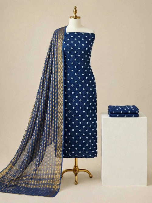  Beautiful Navy Blue Bandhani Cotton Unstitched Suit Material with Zari Print Dupatta