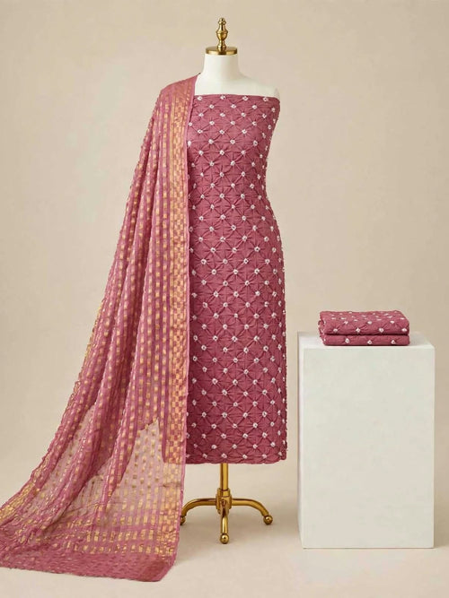 Elegant Mauve Pink Bandhani Cotton Unstitched Suit Material with Zari Print Dupatta