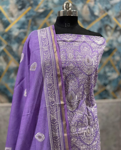 Exclusive Purple Banarasi Chanderi Silk Unstitched Salwar Kameez Suit with Embroidered Dupatta