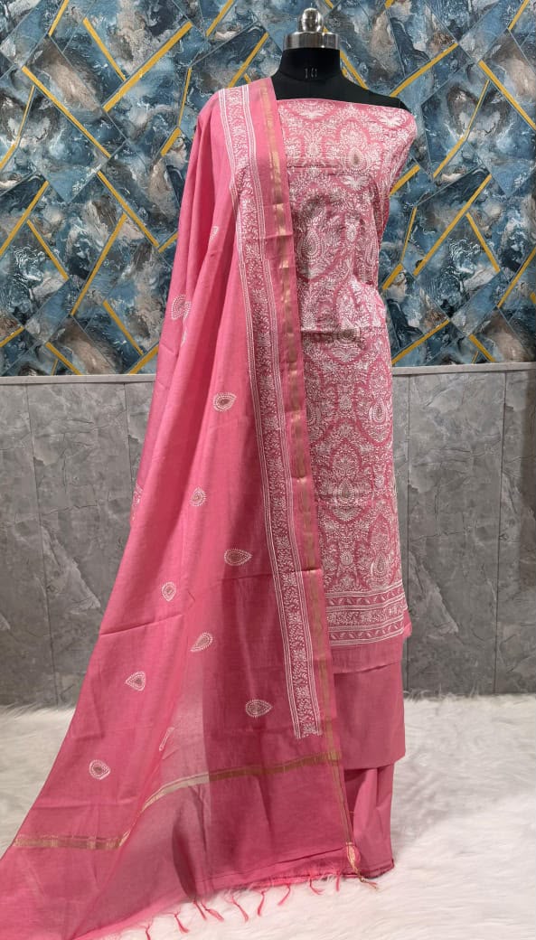 Exclusive Pink Banarasi Chanderi Silk Unstitched Salwar Kameez Suit with Embroidered Dupatta