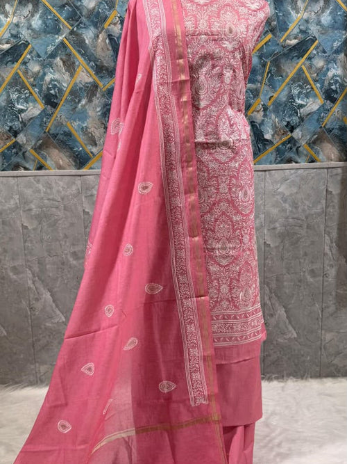 Exclusive Pink Banarasi Chanderi Silk Unstitched Salwar Kameez Suit with Embroidered Dupatta