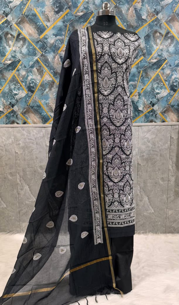 Exclusive Black Banarasi Chanderi Silk Unstitched Salwar Kameez Suit with Embroidered Dupatta