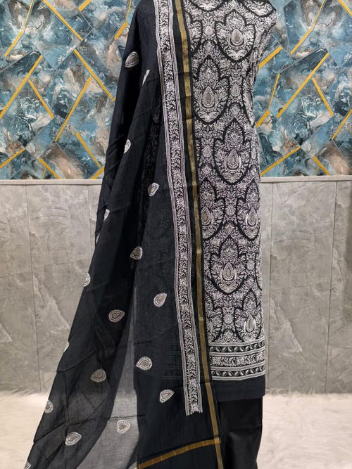 Exclusive Black Banarasi Chanderi Silk Unstitched Salwar Kameez Suit with Embroidered Dupatta