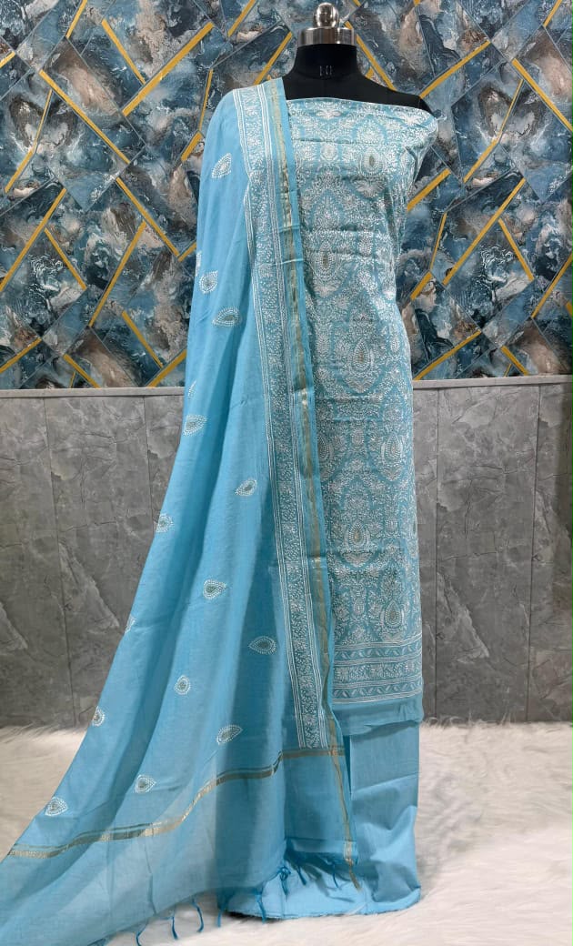 Exclusive Sky Blue Banarasi Chanderi Silk Unstitched Salwar Kameez Suit with Embroidered Dupatta
