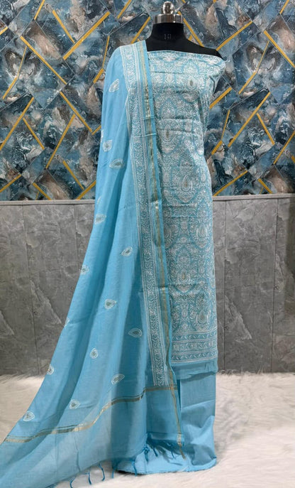 Exclusive Sky Blue Banarasi Chanderi Silk Unstitched Salwar Kameez Suit with Embroidered Dupatta