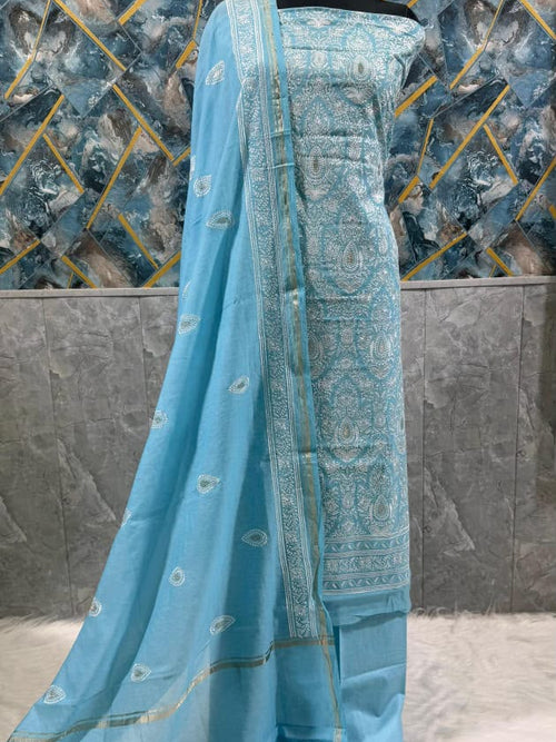 Exclusive Sky Blue Banarasi Chanderi Silk Unstitched Salwar Kameez Suit with Embroidered Dupatta