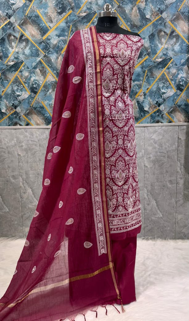 Exclusive Maroon Banarasi Chanderi Silk Unstitched Salwar Kameez Suit with Embroidered Dupatta