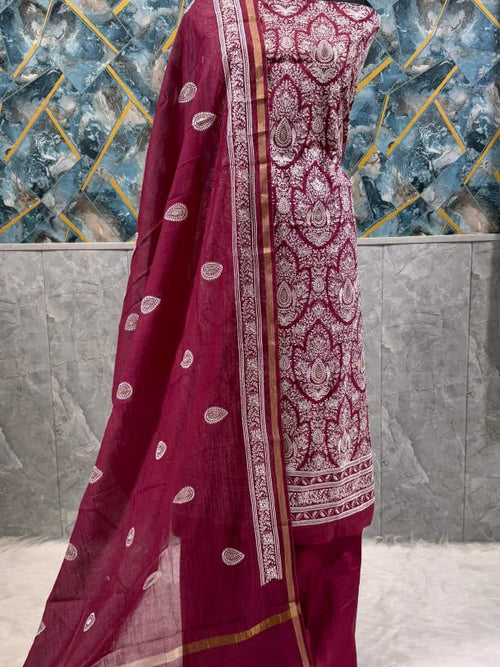 Exclusive Maroon Banarasi Chanderi Silk Unstitched Salwar Kameez Suit with Embroidered Dupatta