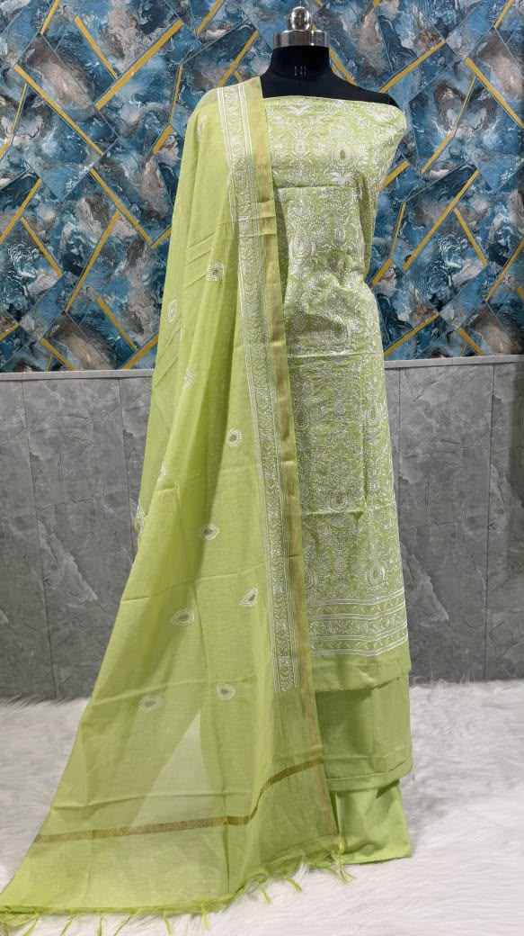 Exclusive Lime Green Banarasi Chanderi Silk Embroidered Unstitched Suit Set with Dupatta