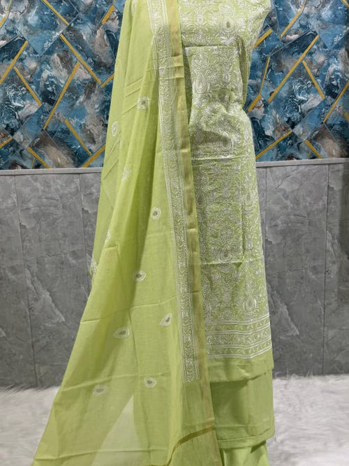 Exclusive Lime Green Banarasi Chanderi Silk Embroidered Unstitched Suit Set with Dupatta