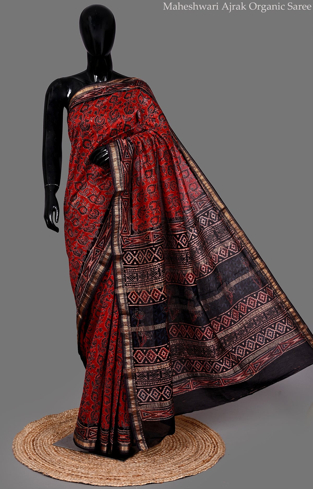 Maheshwari Ajrak Organic  Saree – Crimson Red Hand Block Print with Black Chanderi Border