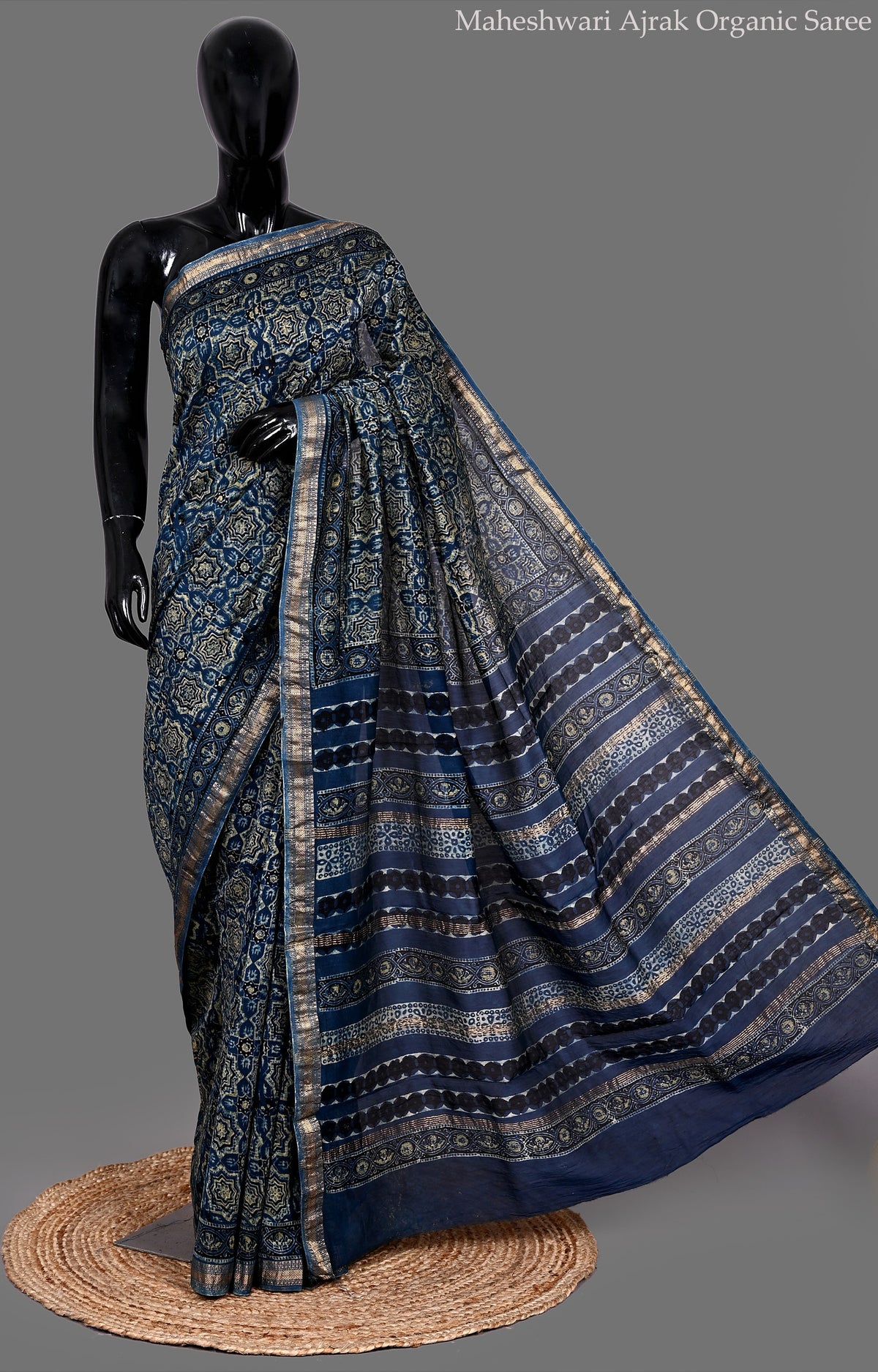 Navy Blue Maheshwari Ajrakh Organic Saree with Chanderi Border