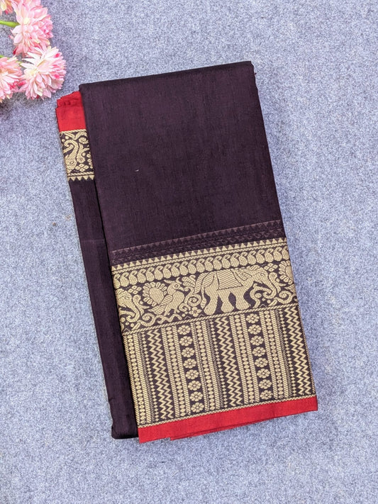 Pure Narayanpet Mercerised Cotton Saree in Deep Wine with Traditional Elephant Motif Border