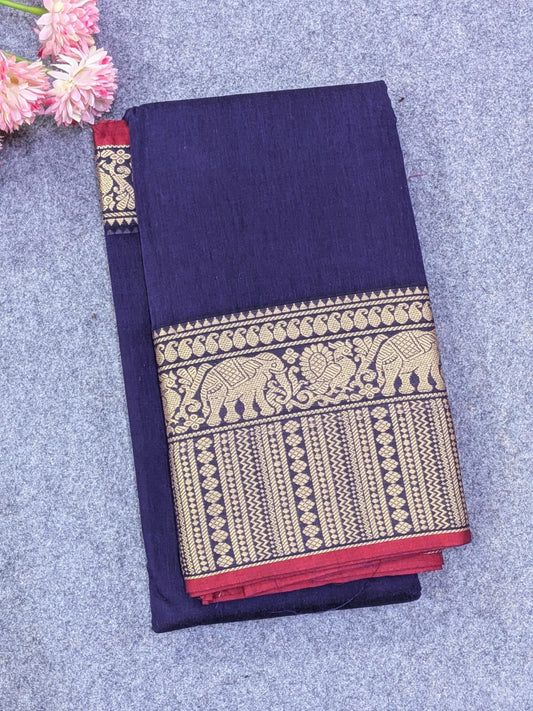 Pure Narayanpet Mercerised Cotton Saree in purple and with Elephant Motif and Traditional Gold Border