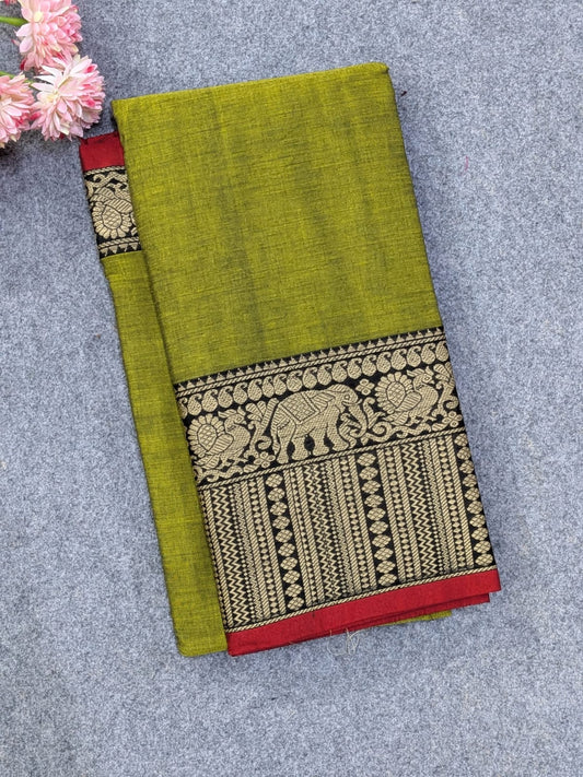 Pure Narayanpet Mercerised Cotton Saree – Olive Green with Traditional Elephant & Floral Zari Border