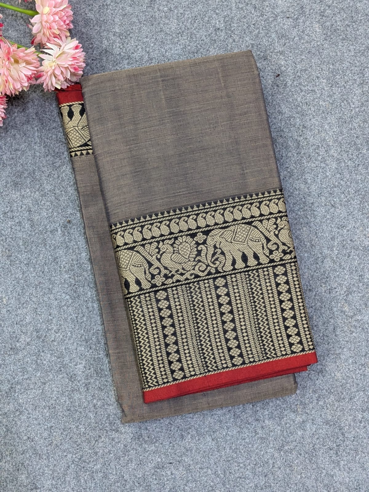 Pure Narayanpet Mercerised Cotton Saree in Grey with Traditional Elephant Motif Border