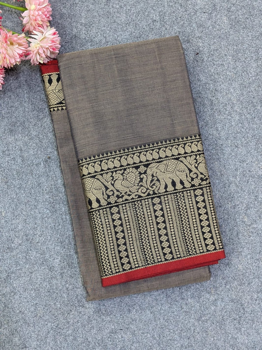 Pure Narayanpet Mercerised Cotton Saree in Grey with Traditional Elephant Motif Border