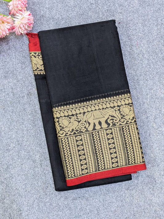 Pure Narayanpet Mercerised Cotton Black Saree with Traditional Elephant Motif Border