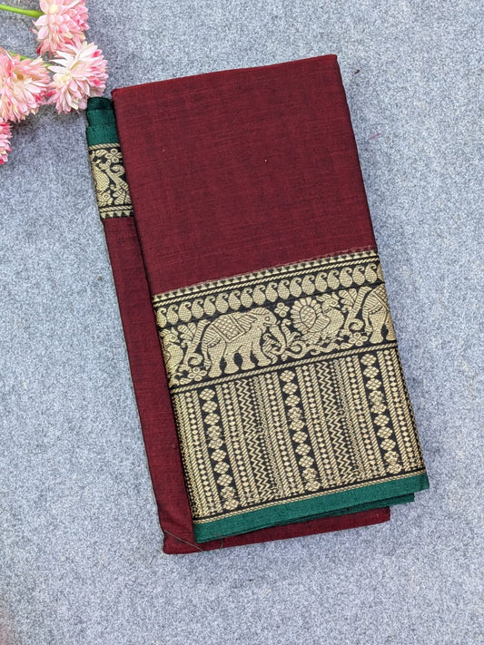 Pure Narayanpet Mercerised Cotton Saree – Maroon with Green Elephant Motif Zari Border