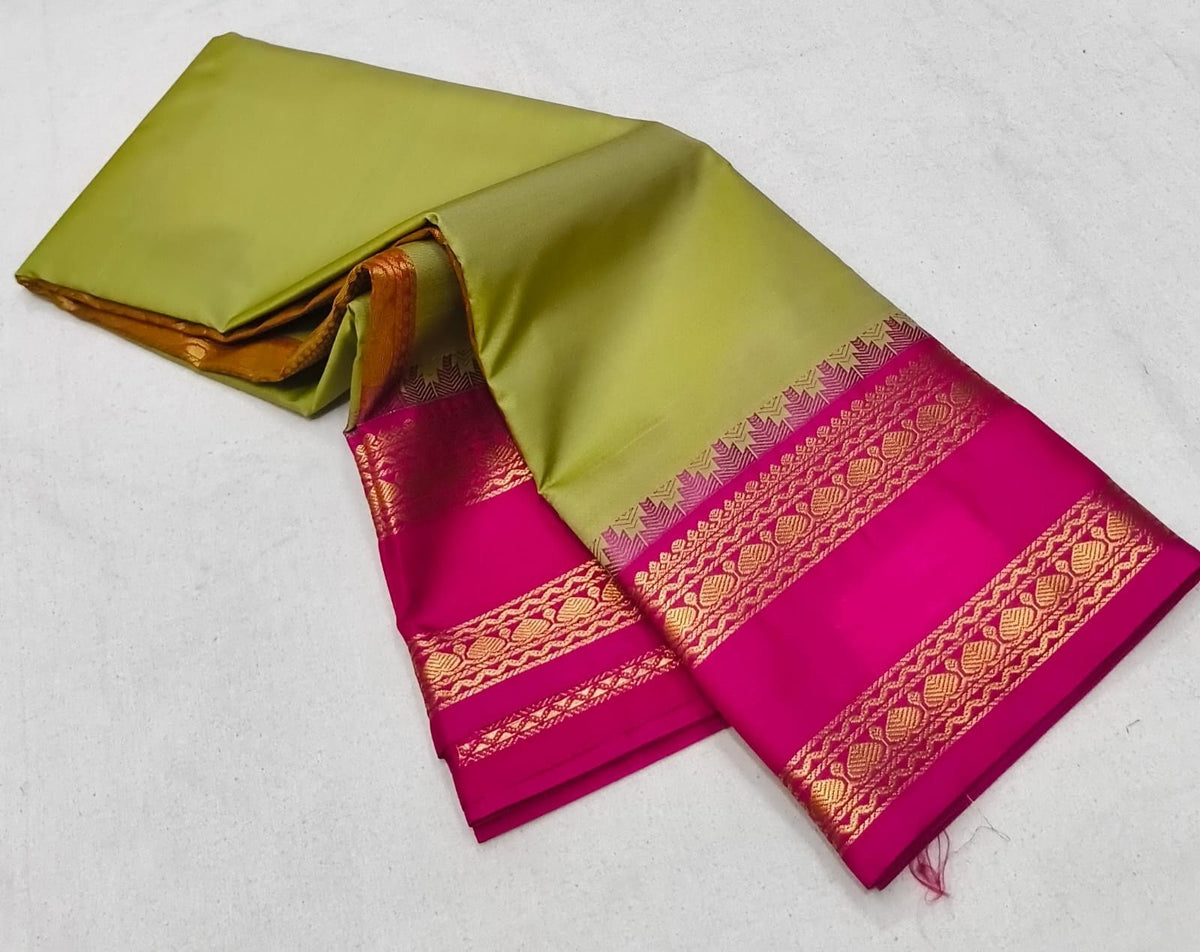 Olive Green and Rani Pink Kanchipuram Silk Saree with Rich Gold Zari Border