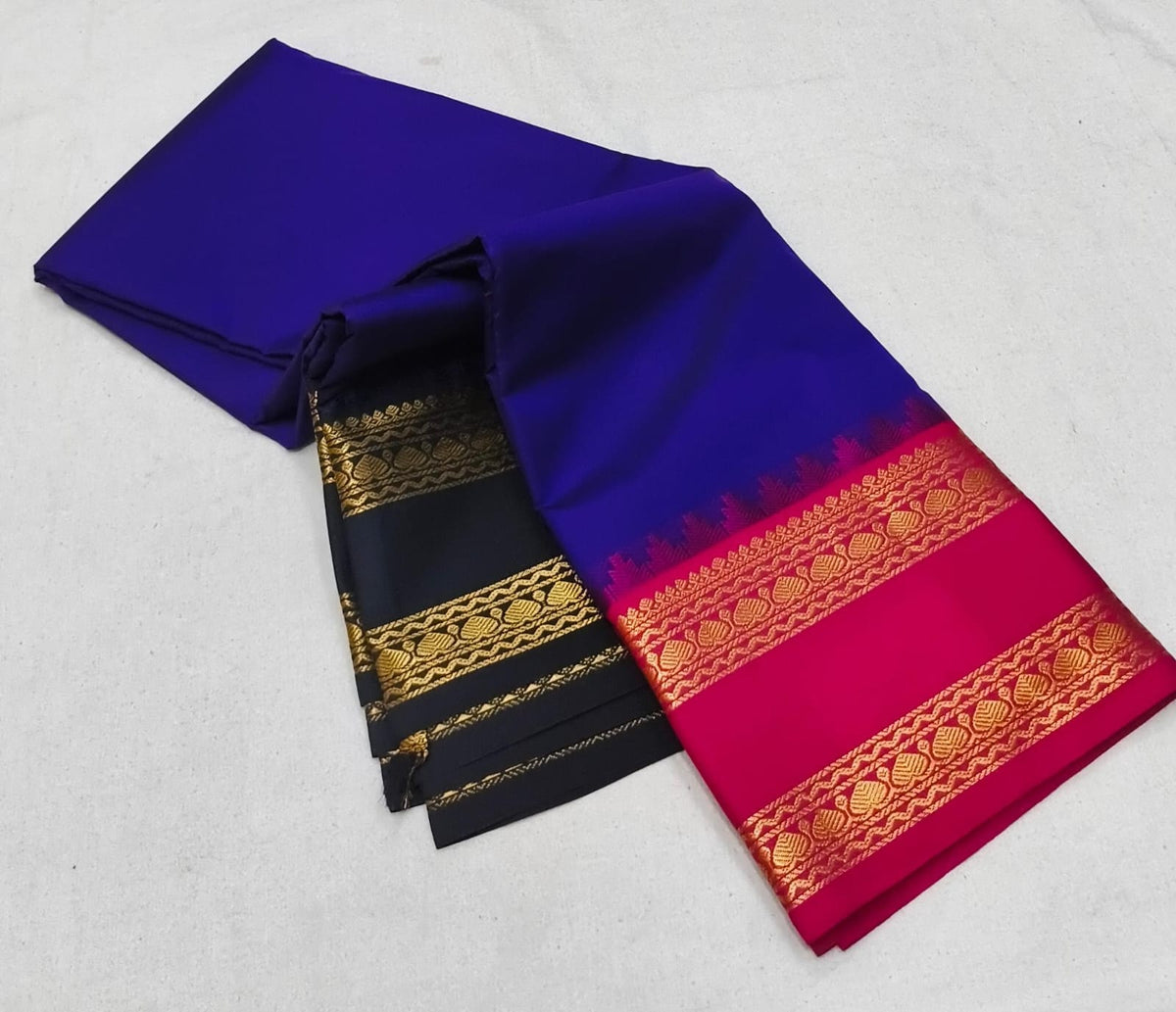 Royal Blue Ganga Jamuna silk saree and with Pink and black Border