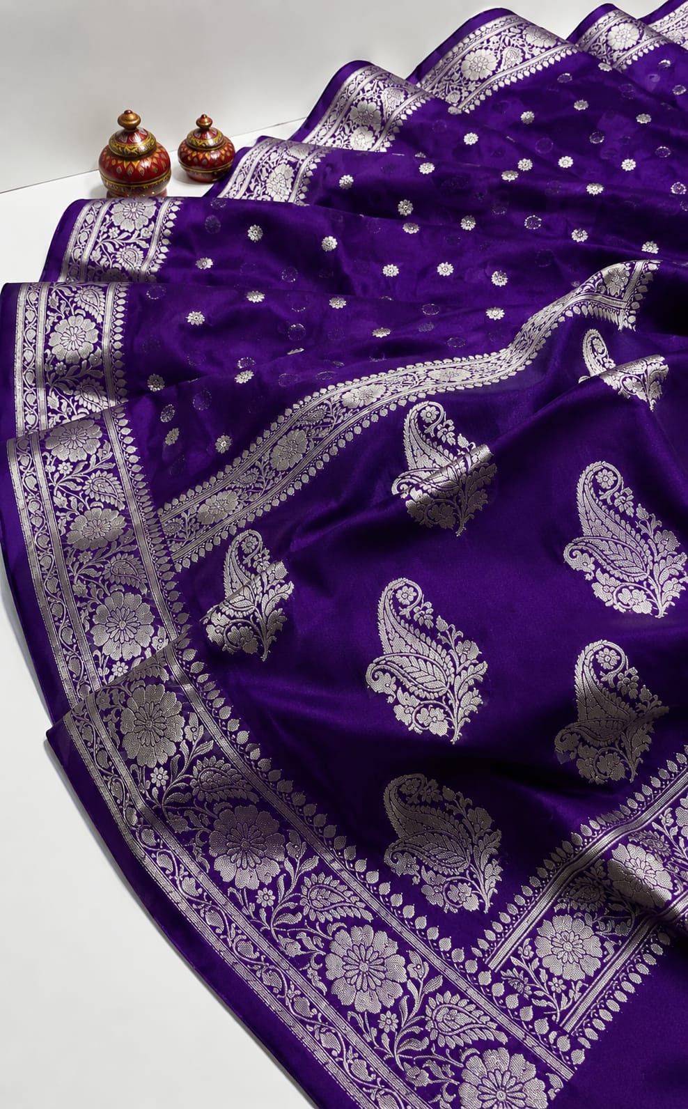 Royal Purple Banarasi Silk Saree with Silver Zari Paisley & Floral Border