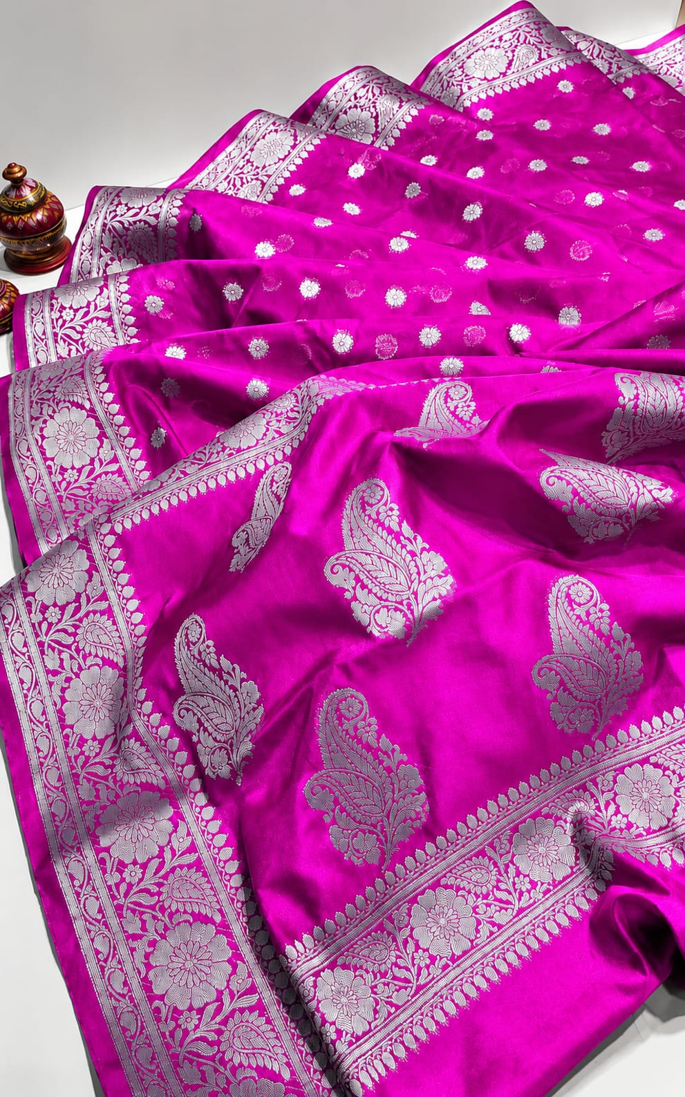 Rani Pink Banarasi Silk Saree with Silver Zari Paisley & Floral Border