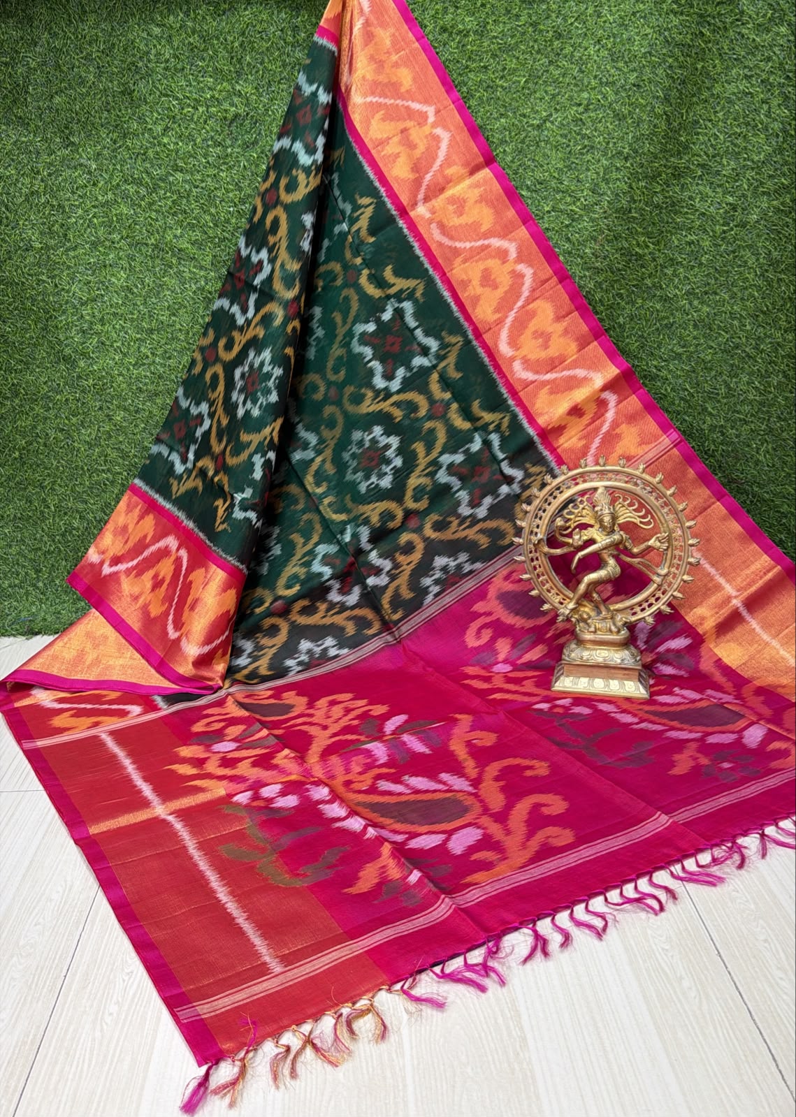 Handloom Ikkat Silk Cotton Saree Forest Green and Magenta Pink Border