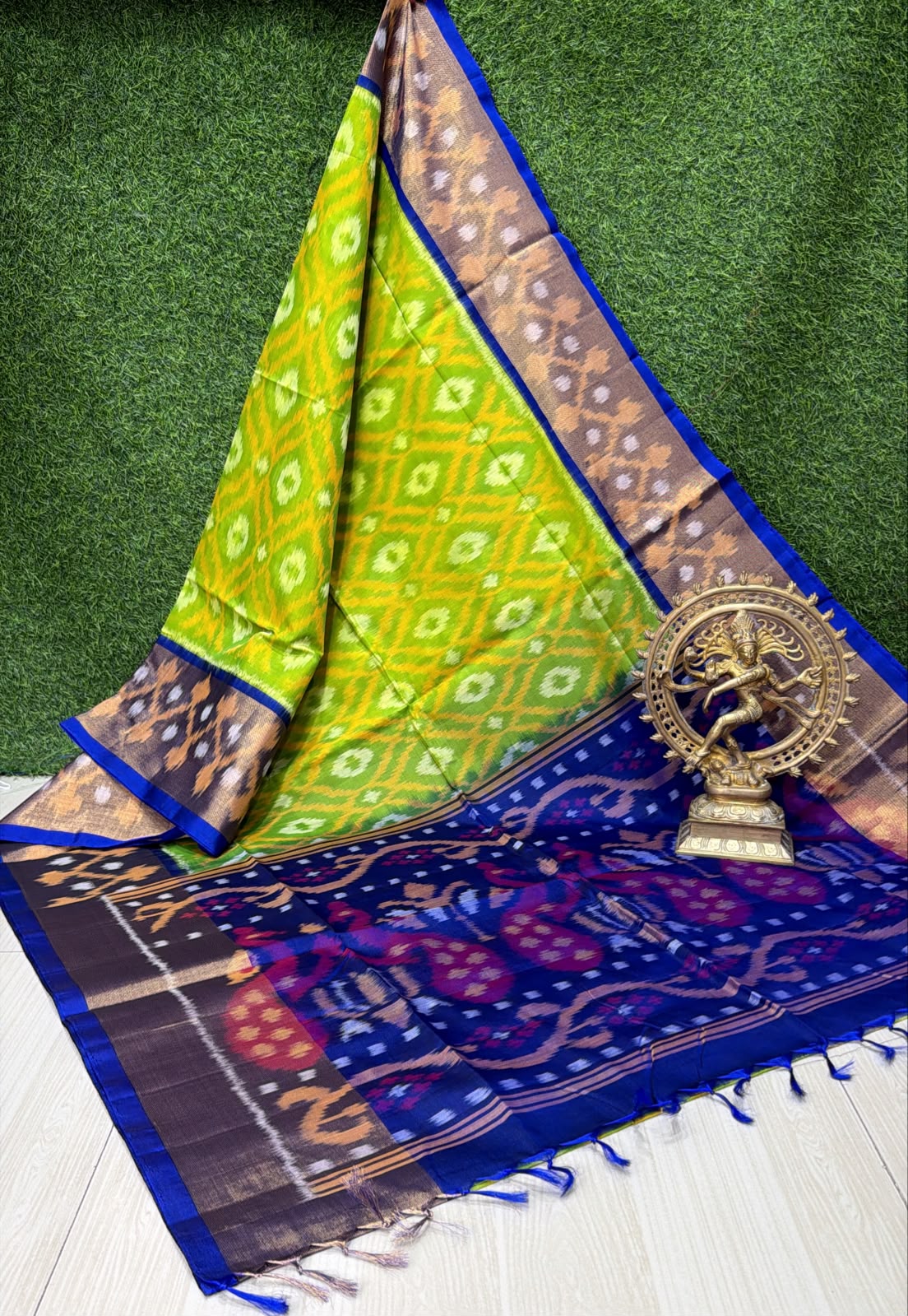 Handloom Ikkat Silk Cotton Saree Lime Green and Royal Blue Border