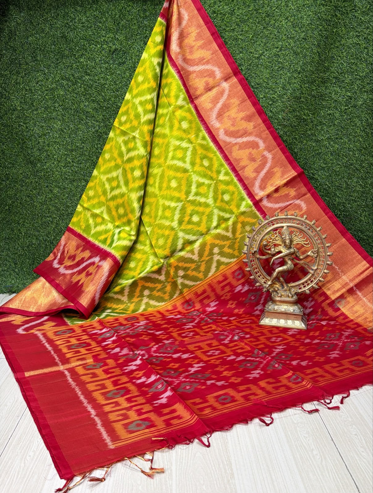 Handloom Ikkat Silk Cotton Saree Lime Green and Crimson Red Border