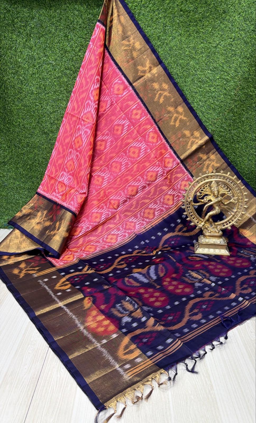 Handloom Ikkat Silk Cotton Saree Rose Pink and Navy Blue Border