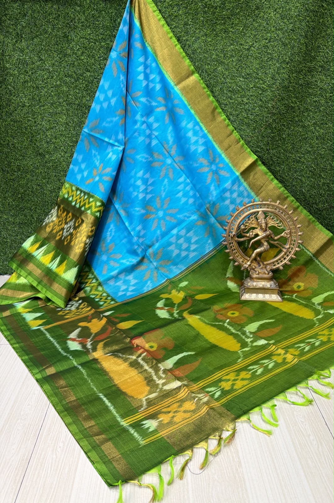 Handloom Ikkat Silk Cotton Saree Sky Blue and Olive Green Border