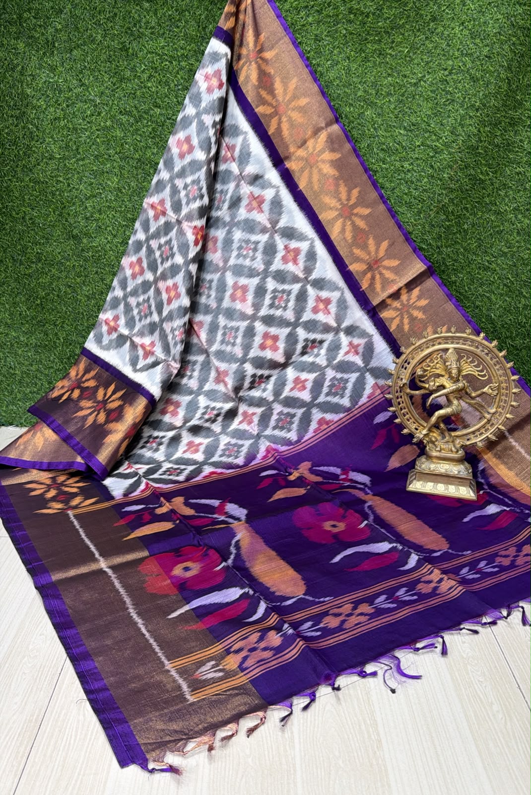 Handloom Ikkat Silk Cotton Saree Off-White and Purple Border