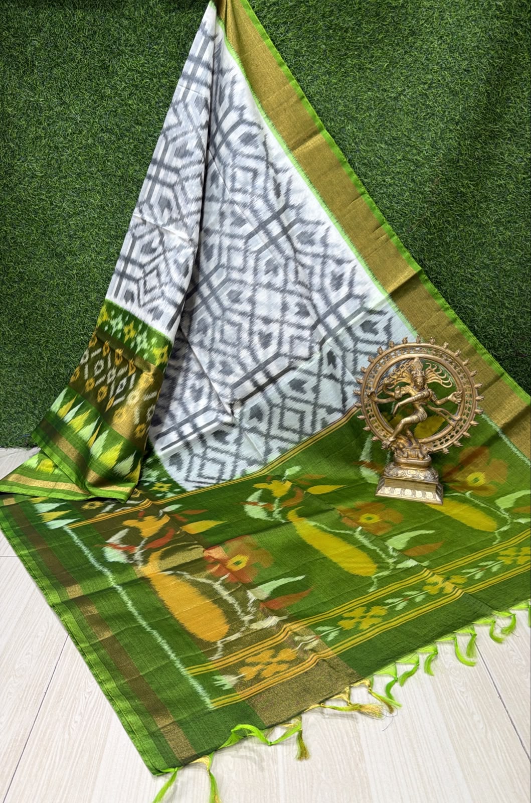 Handloom Ikkat Silk Cotton Saree Off-White and Olive Green Border