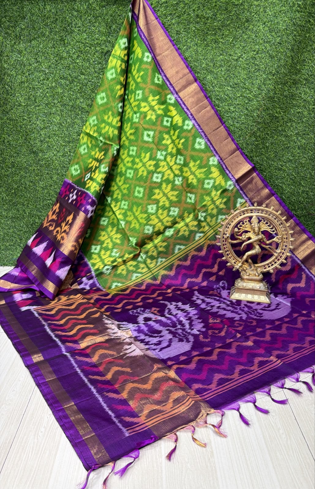 Handloom Ikkat Silk Cotton  Saree Leaf Green and Deep Purple Border