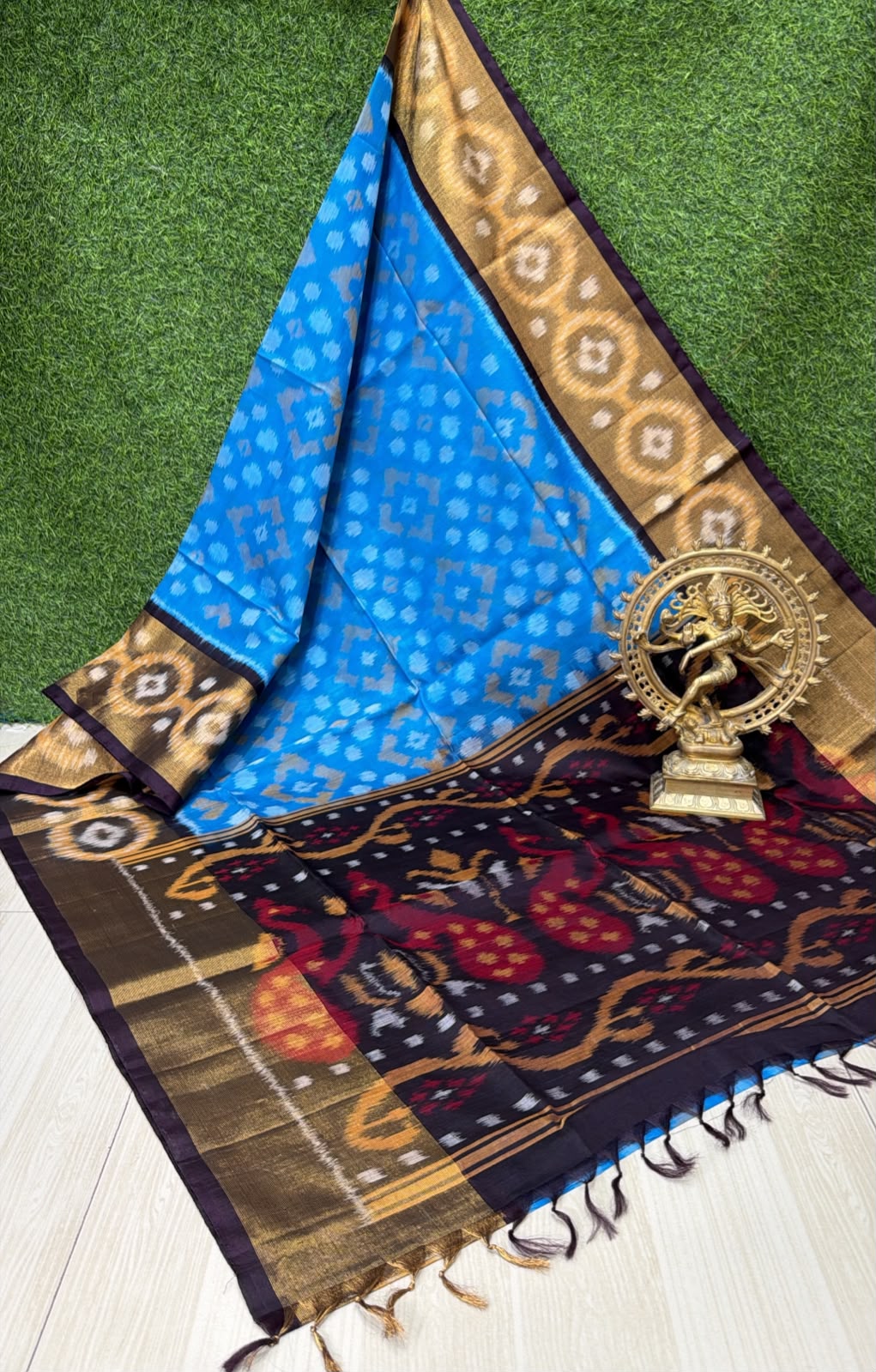 Handloom Ikkat Silk Cotton  Saree Sky Blue and Dark Charcoal Border