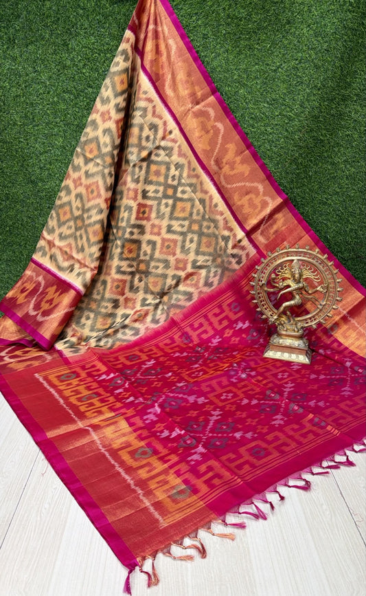 Handloom Ikkat Silk Cotton Saree Beige-Gold and Magenta Pink Border
