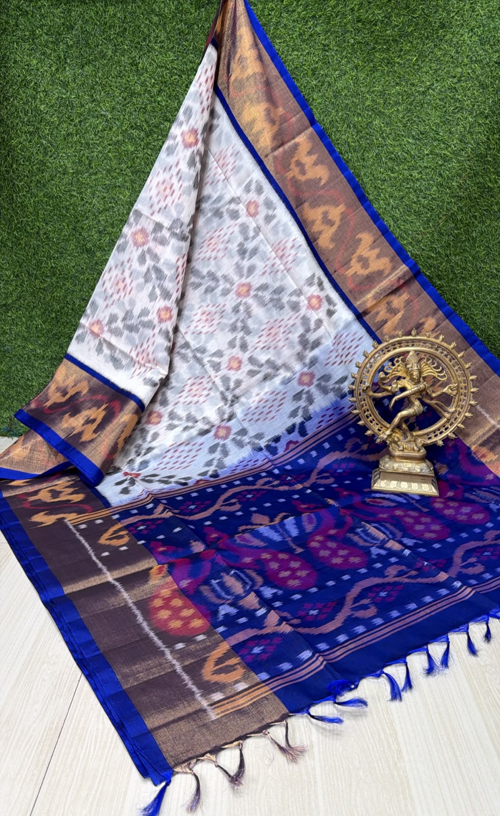 Handloom Ikkat Silk Cotton Saree Off-White and Royal Blue Border
