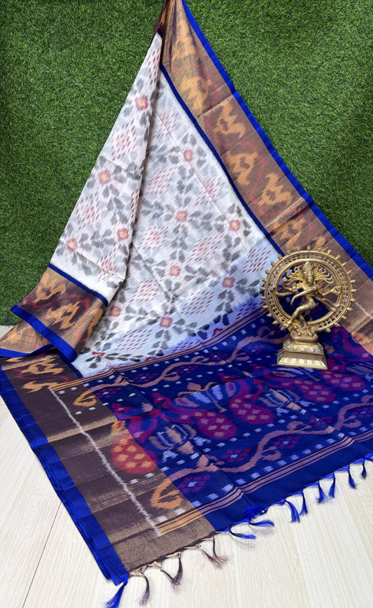 Handloom Ikkat Silk Cotton Saree Off-White and Royal Blue Border
