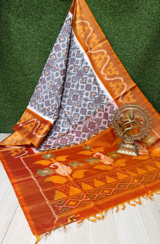 Handloom Ikkat Silk Cotton Saree Grey  and Mustard Orange Border