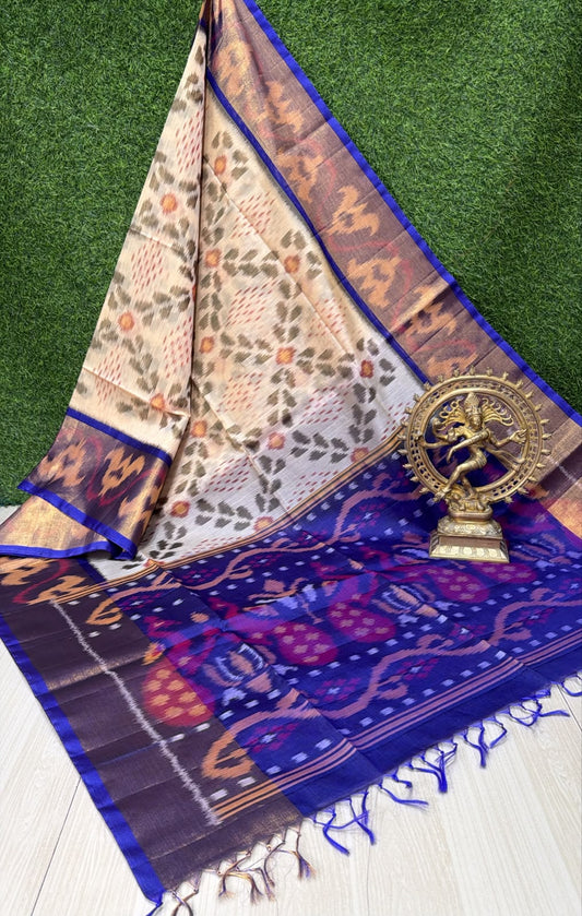 Handloom Ikkat Silk Cotton Saree Beige-Cream and Royal Blue Border