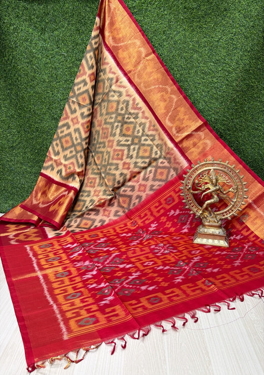 Handloom Ikkat Silk Cotton Saree in Beige-Gold with Dark Red Border