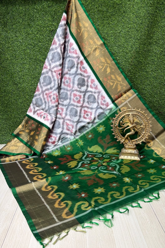 Handloom Ikkat Silk Cotton Saree in Off-White and Dark Green Border