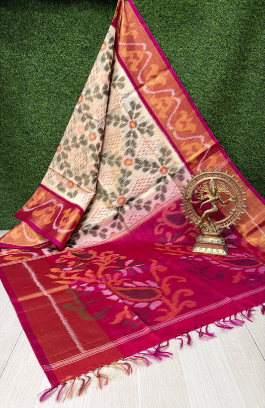 Handloom Ikkat Silk Cotton Saree Beige-Cream and rose Pink Border